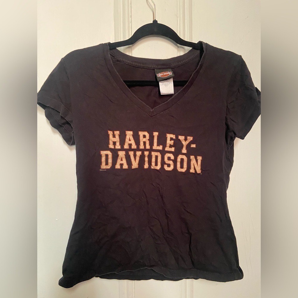 Harley-Davidson ladies t shirt soft black & gold size m vintage 2 SMALL PINHOLES